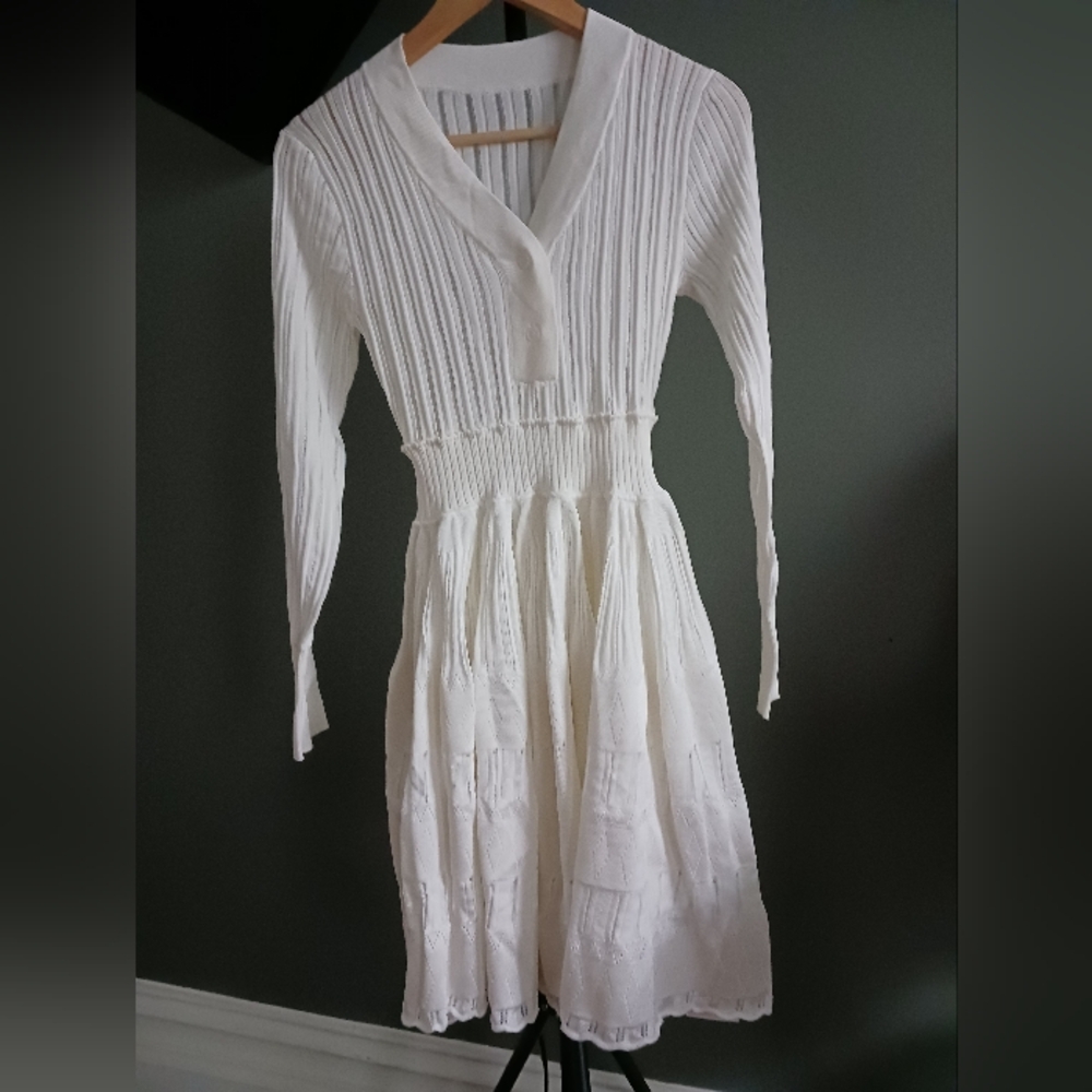 NWT Miss Rosier Geraldine White Pointelle- Knit Midi Dress Size S - Picture 2 of 14